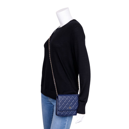Chanel Navy Caviar Quilted Square Wallet on Chain
