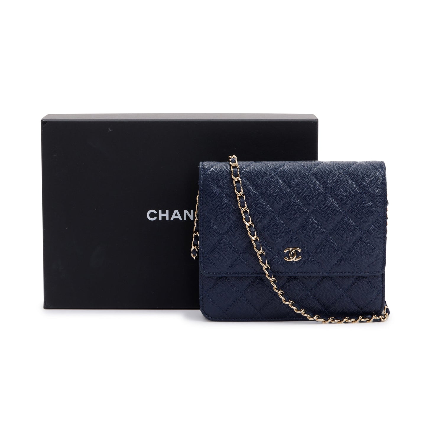 Chanel Navy Caviar Quilted Square Wallet on Chain
