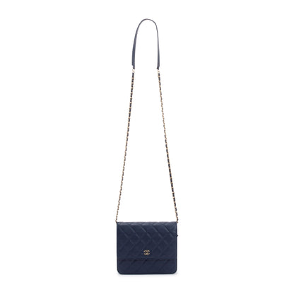 Chanel Navy Caviar Quilted Square Wallet on Chain