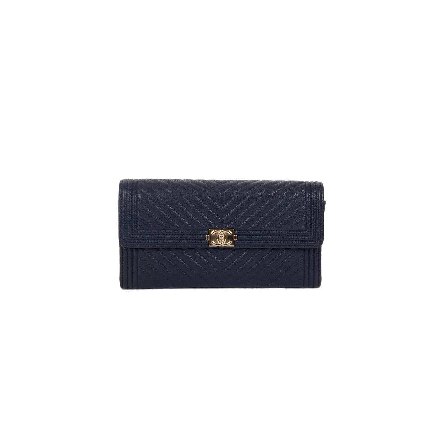 Chanel Navy Chevron Boy Long Flap Wallet