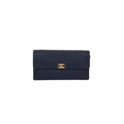 Chanel Navy Chevron Boy Long Flap Wallet