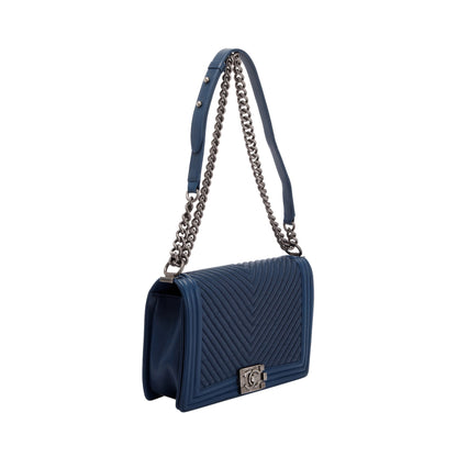 Chanel Navy Chevron Large Boy Bag