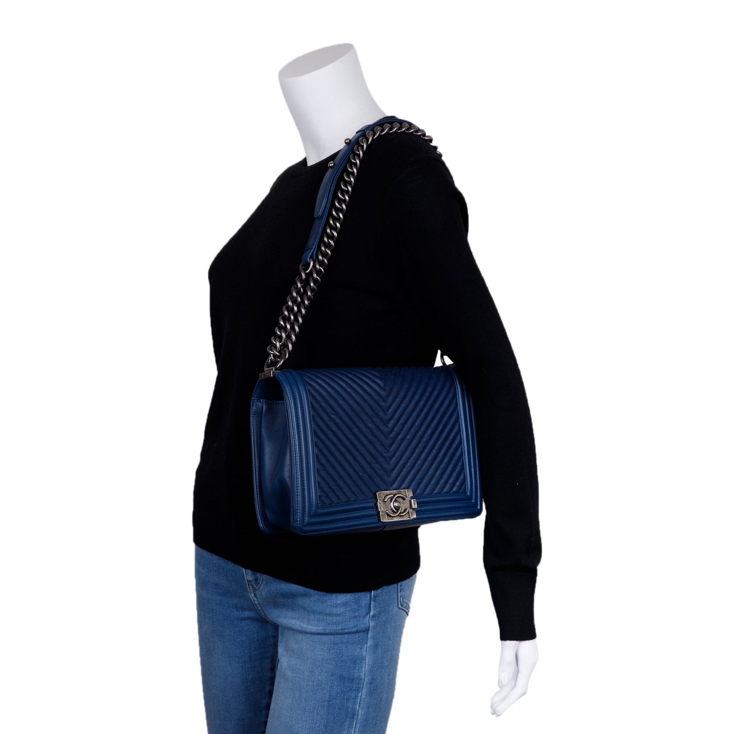 Chanel Navy Chevron Large Boy Bag