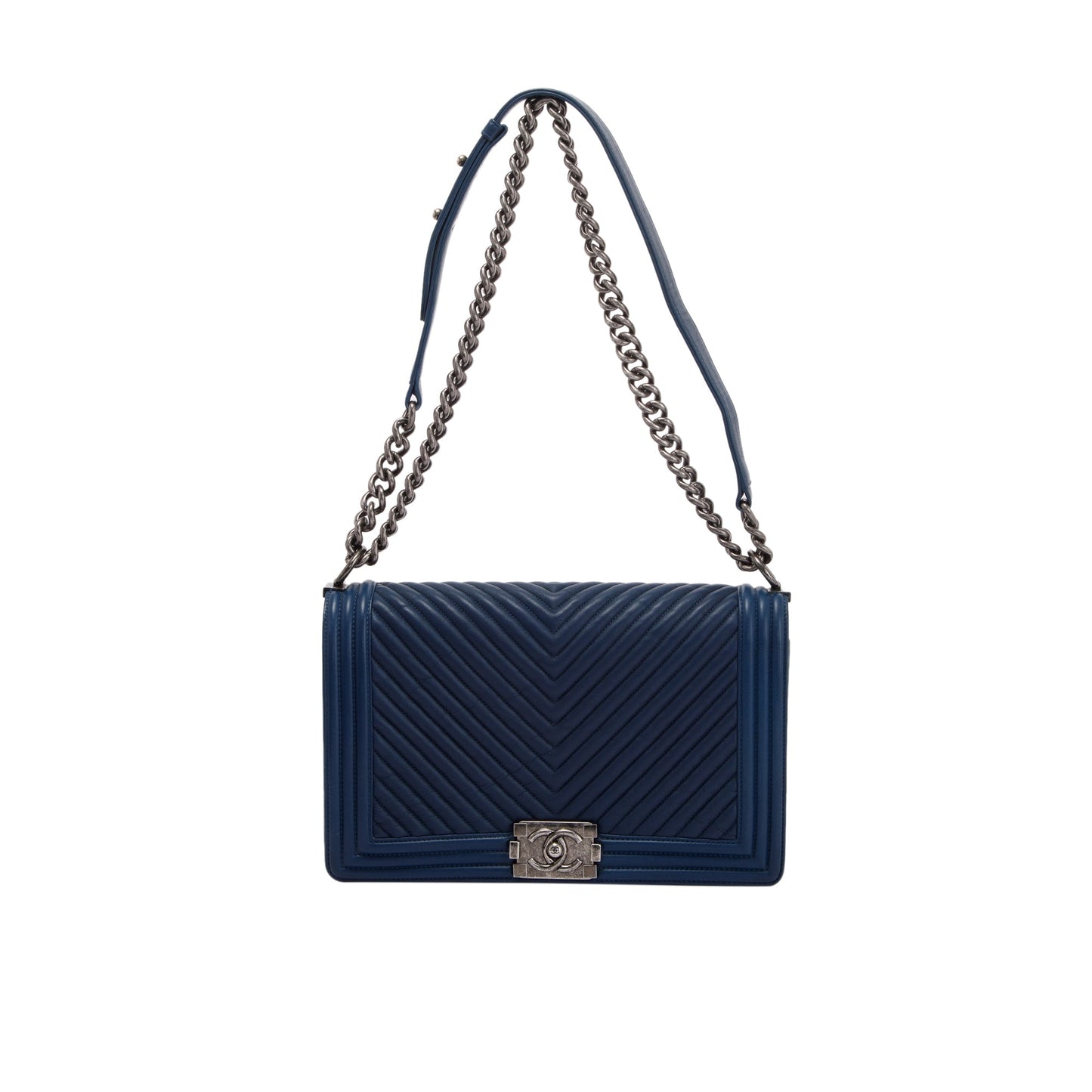 Chanel Navy Chevron Large Boy Bag
