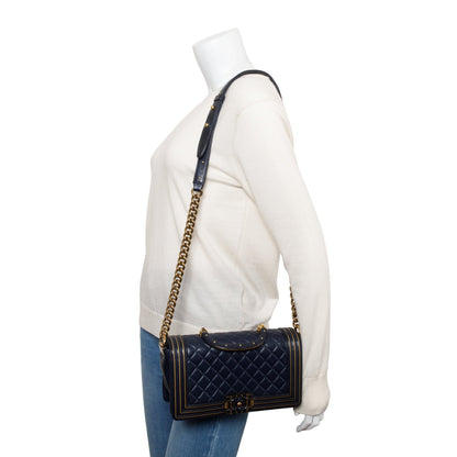 Chanel Navy Lambskin Leather Medium Boy Studded Handle Bag