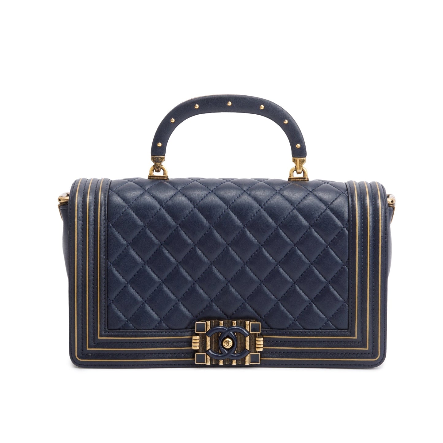 Chanel Navy Lambskin Leather Medium Boy Studded Handle Bag