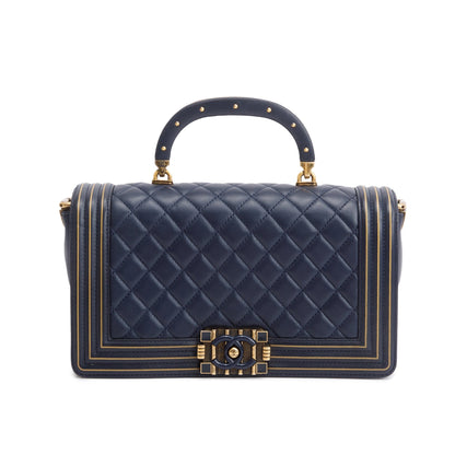 Chanel Navy Lambskin Leather Medium Boy Studded Handle Bag