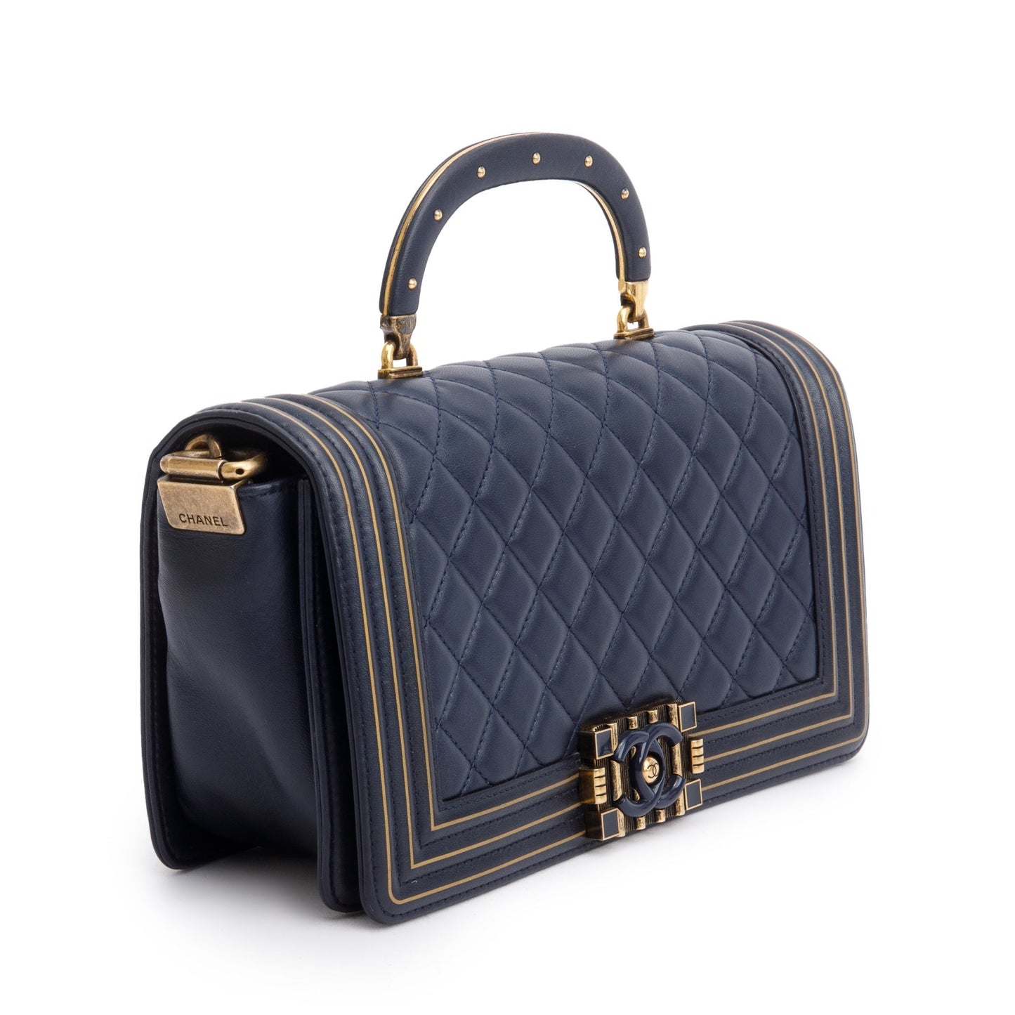 Chanel Navy Lambskin Leather Medium Boy Studded Handle Bag