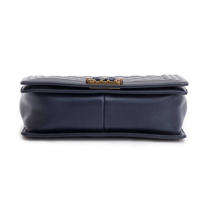 Chanel Navy Lambskin Leather Medium Boy Studded Handle Bag