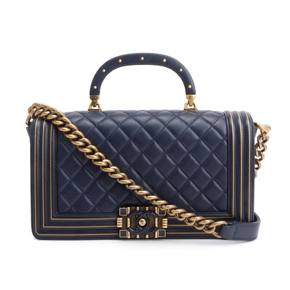 Chanel Navy Lambskin Leather Medium Boy Studded Handle Bag