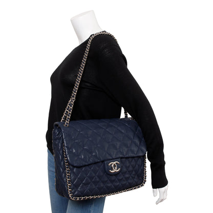 Chanel Navy Quilted Calfskin Leather Maxi Chain Around Flap Bag