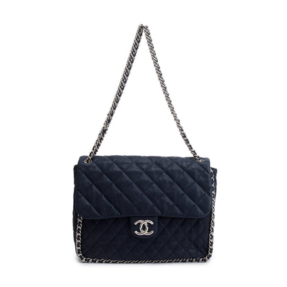 Chanel Navy Quilted Calfskin Leather Maxi Chain Around Flap Bag