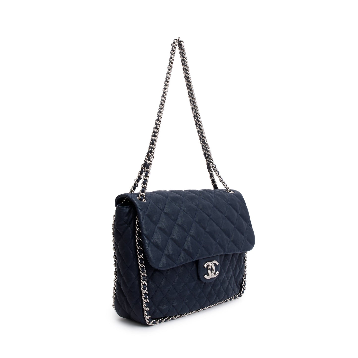 Chanel Navy Quilted Calfskin Leather Maxi Chain Around Flap Bag