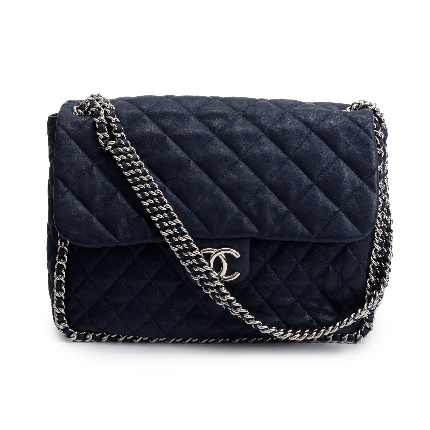 Chanel Navy Quilted Calfskin Leather Maxi Chain Around Flap Bag