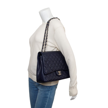 Chanel Navy Quilted Caviar Leather Classic Maxi Double Flap Bag