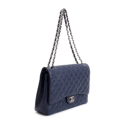 Chanel Navy Quilted Caviar Leather Classic Maxi Double Flap Bag