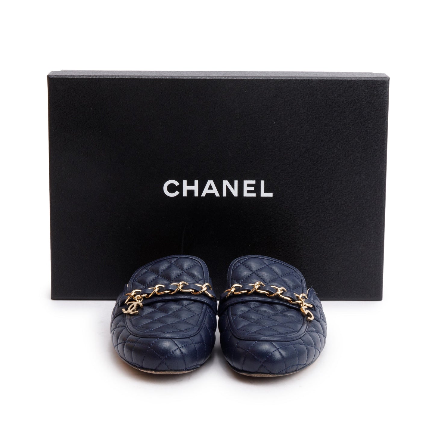 Chanel Navy Quilted Lambskin Leather Interlocking CC Logo  Chain Accent Mules, Size 35.5