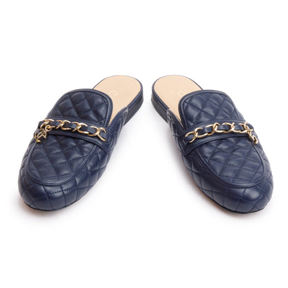 Chanel Navy Quilted Lambskin Leather Interlocking CC Logo  Chain Accent Mules, Size 35.5