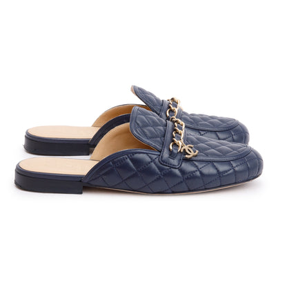 Chanel Navy Quilted Lambskin Leather Interlocking CC Logo  Chain Accent Mules, Size 35.5