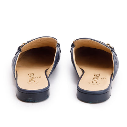 Chanel Navy Quilted Lambskin Leather Interlocking CC Logo  Chain Accent Mules, Size 35.5
