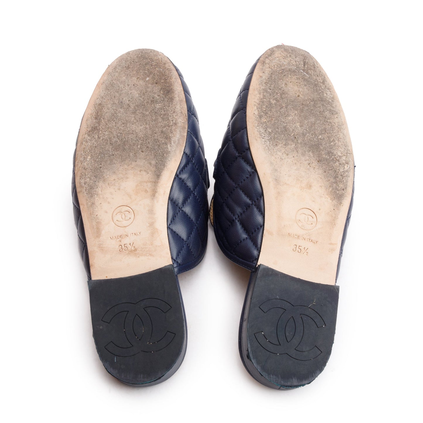 Chanel Navy Quilted Lambskin Leather Interlocking CC Logo  Chain Accent Mules, Size 35.5