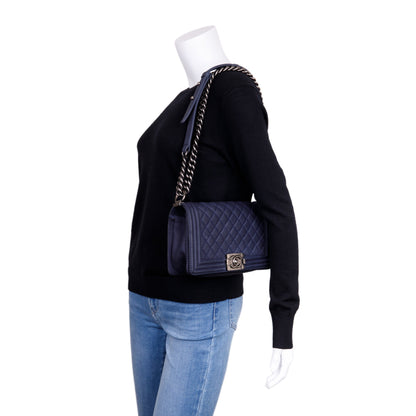 Chanel Navy Suede Calfskin Medium Boy Bag
