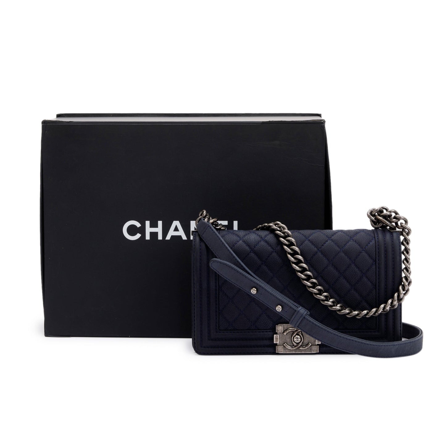 Chanel Navy Suede Calfskin Medium Boy Bag