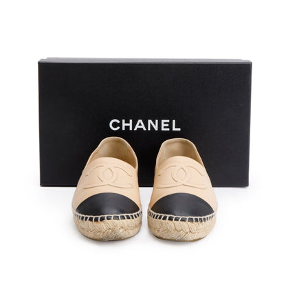 Chanel Neutral & Black Leather CC Logo Espadrilles, Size 36