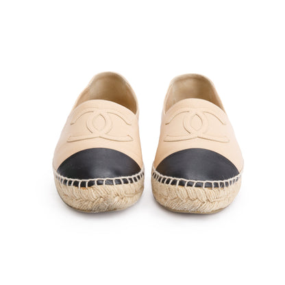 Chanel Neutral & Black Leather CC Logo Espadrilles, Size 36