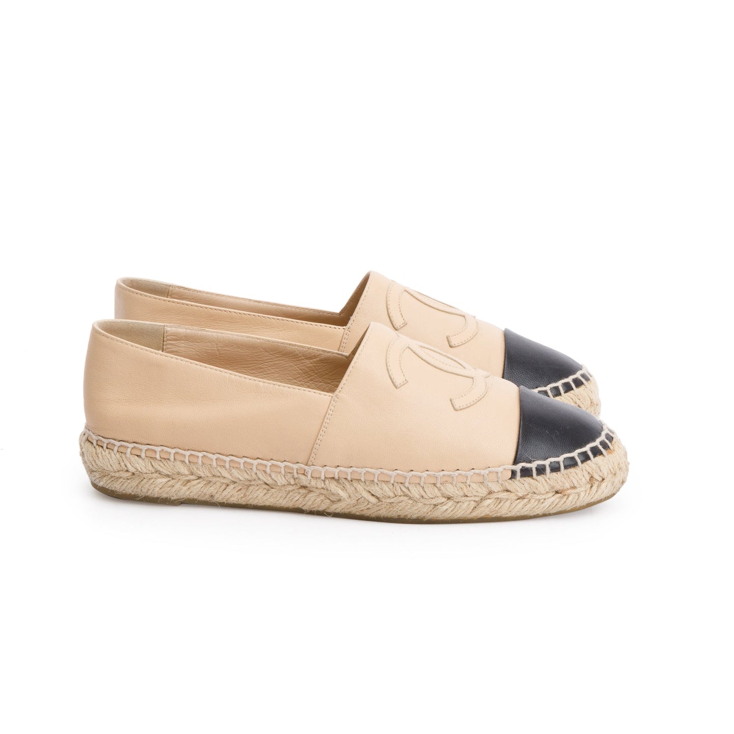 Chanel Neutral & Black Leather CC Logo Espadrilles, Size 36