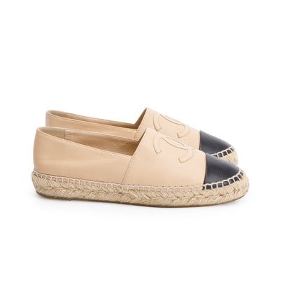 Chanel Neutral & Black Leather CC Logo Espadrilles, Size 36
