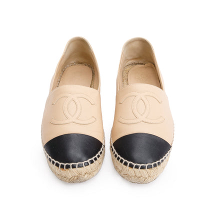 Chanel Neutral & Black Leather CC Logo Espadrilles, Size 36