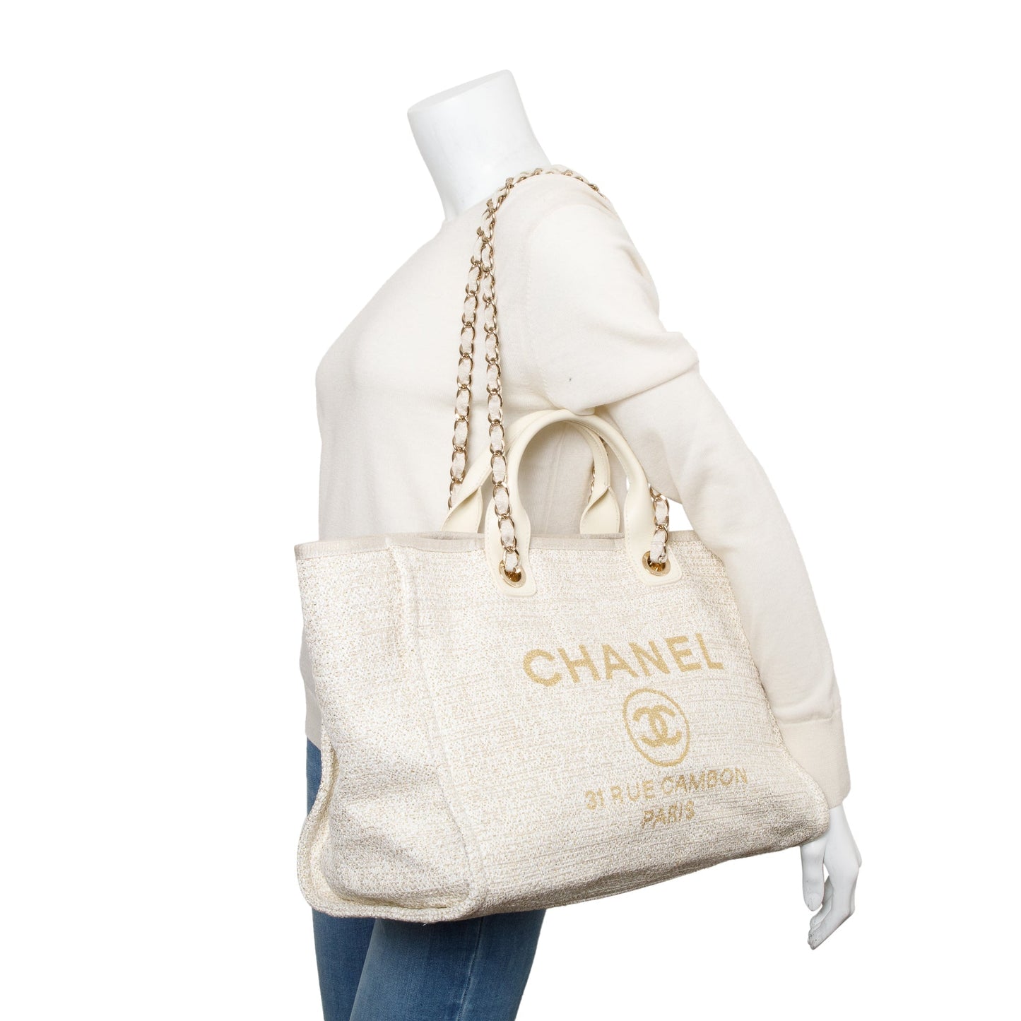 Chanel Neutral Canvas Calfskin Leather Trim Medium Deauville Shopping Tote