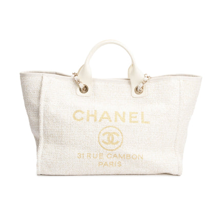 Chanel Neutral Canvas Calfskin Leather Trim Medium Deauville Shopping Tote