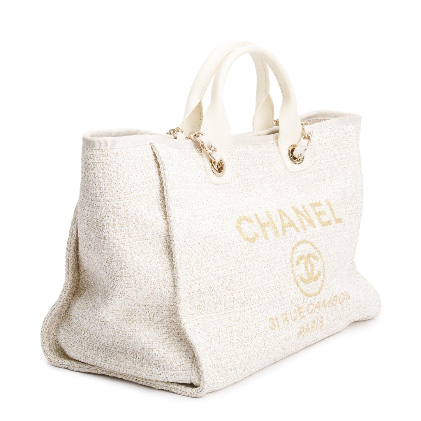 Chanel Neutral Canvas Calfskin Leather Trim Medium Deauville Shopping Tote