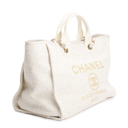 Chanel Neutral Canvas Calfskin Leather Trim Medium Deauville Shopping Tote