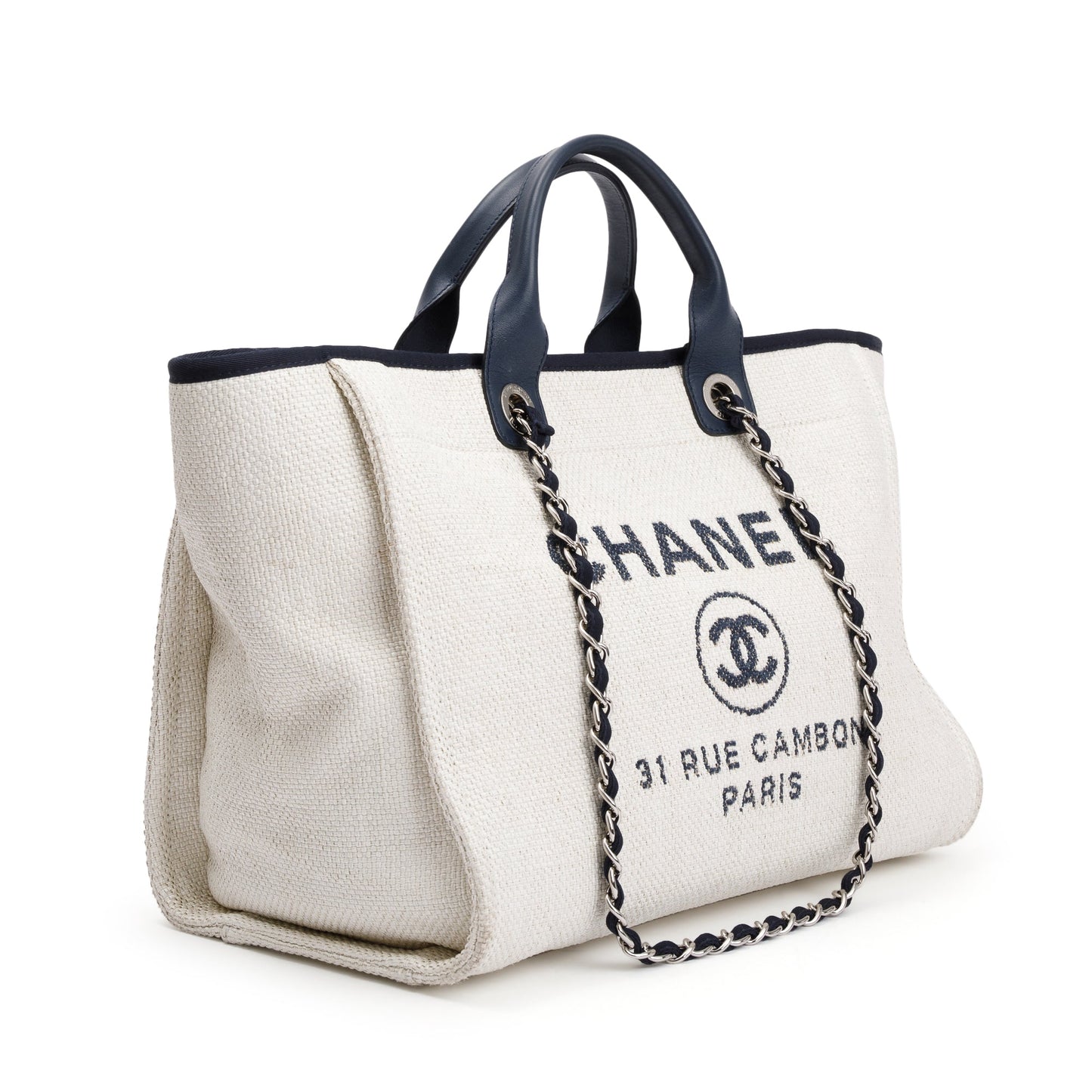 Chanel Neutral Canvas Navy Calfskin Medium Deauville Tote