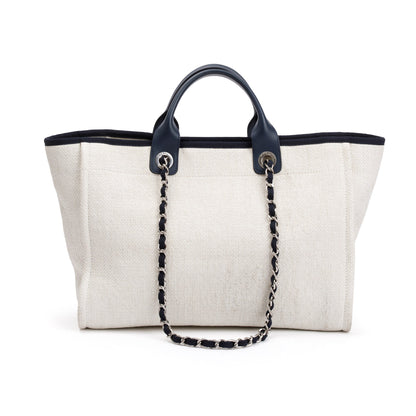 Chanel Neutral Canvas Navy Calfskin Medium Deauville Tote
