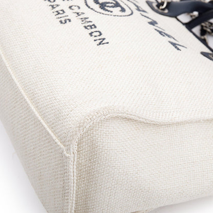 Chanel Neutral Canvas Navy Calfskin Medium Deauville Tote