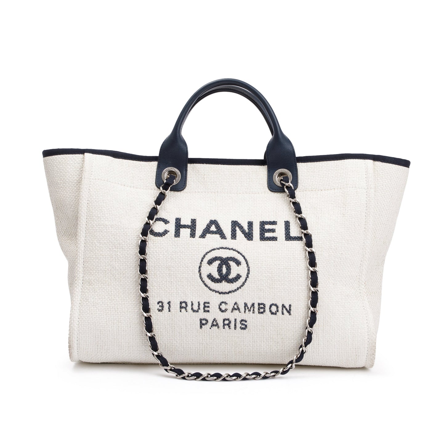 Chanel Neutral Canvas Navy Calfskin Medium Deauville Tote
