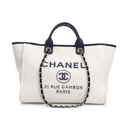 Chanel Neutral Canvas Navy Calfskin Medium Deauville Tote