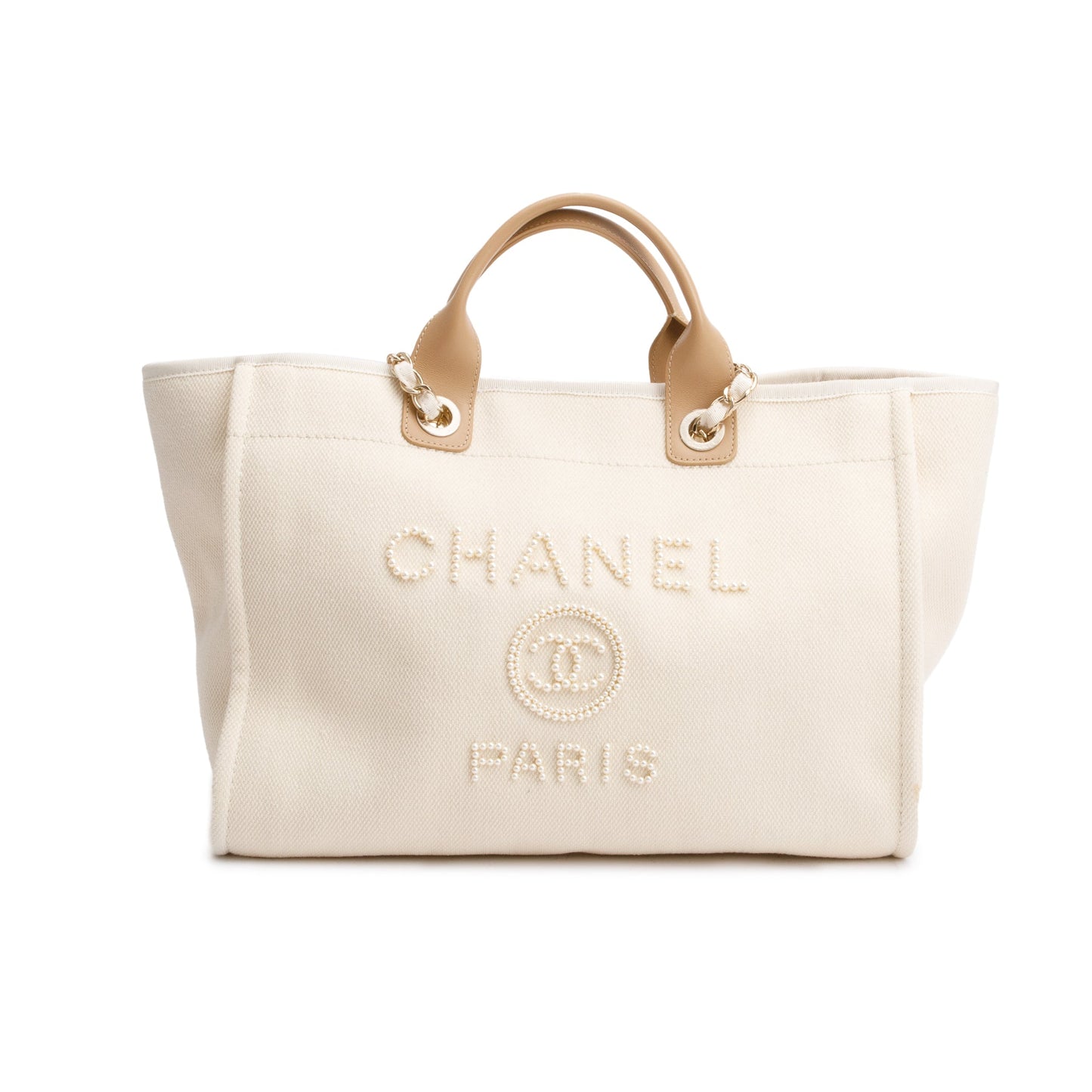 Chanel Neutral Canvas Tan Calfskin Pearl Medium Deauville Shopping Tote