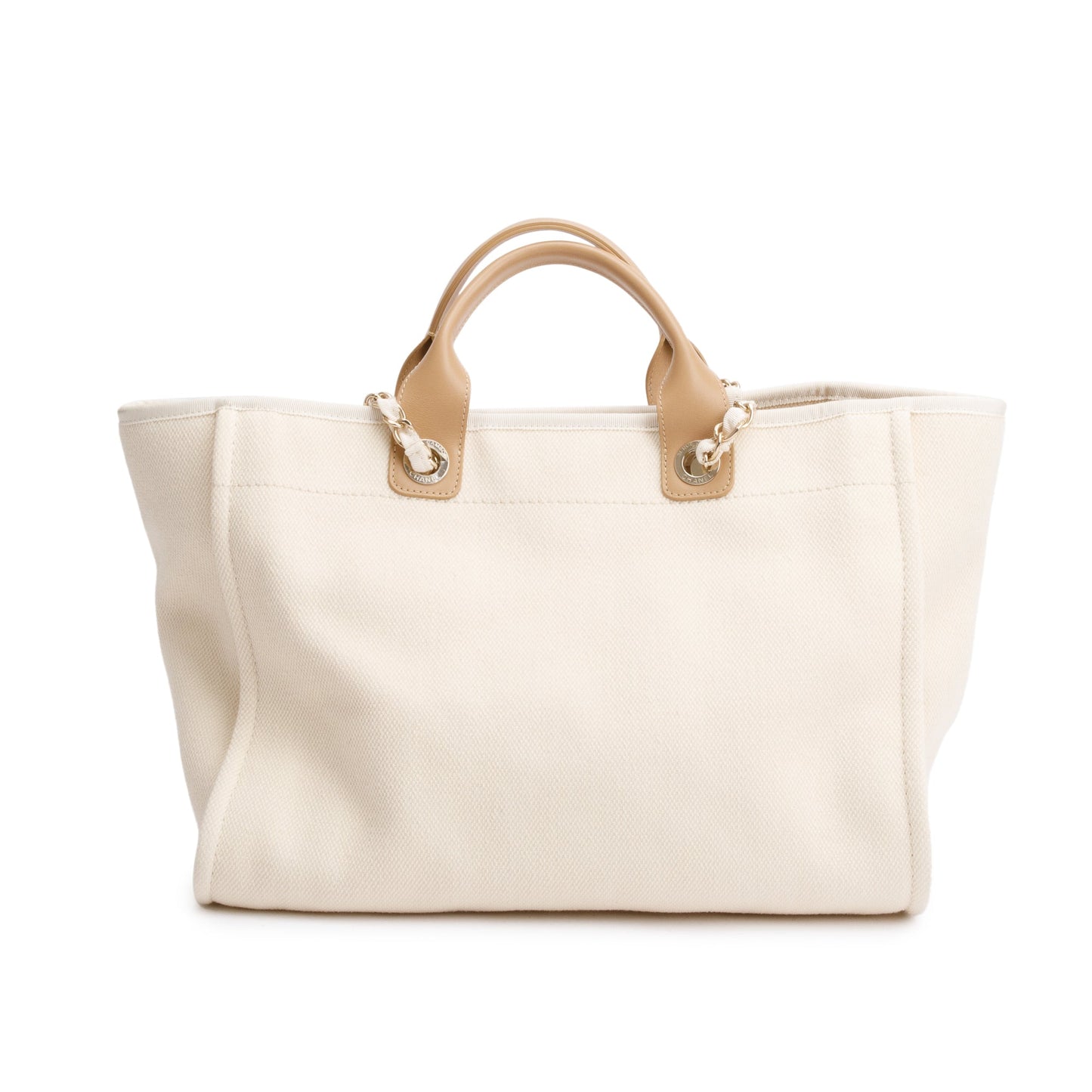 Chanel Neutral Canvas Tan Calfskin Pearl Medium Deauville Shopping Tote