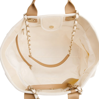 Chanel Neutral Canvas Tan Calfskin Pearl Medium Deauville Shopping Tote