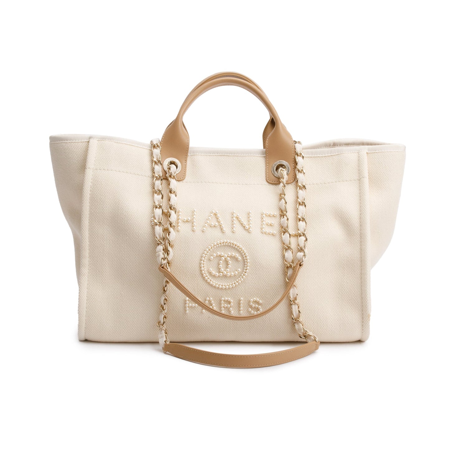 Chanel Neutral Canvas Tan Calfskin Pearl Medium Deauville Shopping Tote