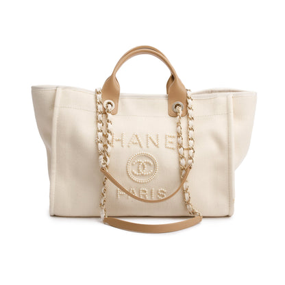 Chanel Neutral Canvas Tan Calfskin Pearl Medium Deauville Shopping Tote