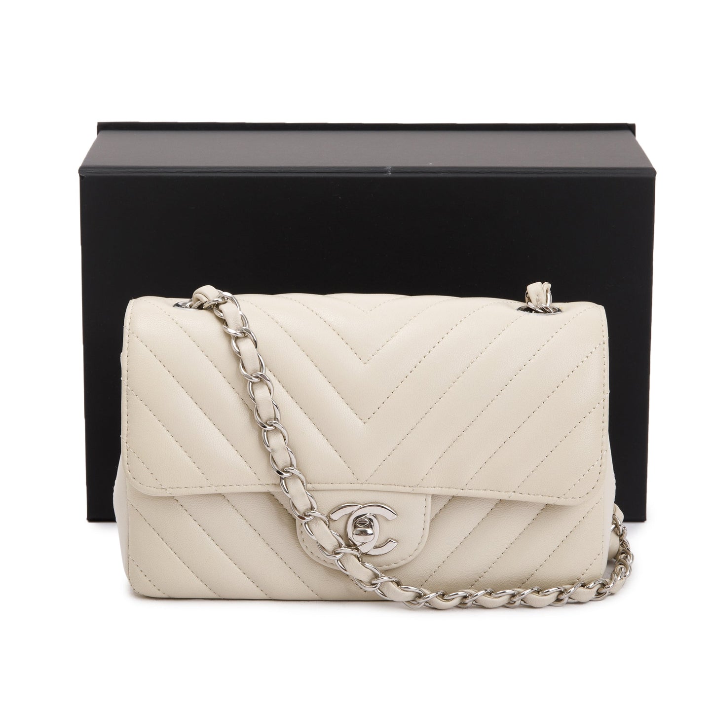 Chanel Neutral Chevron Quilted Lambskin Classic Mini Rectangular Flap Bag
