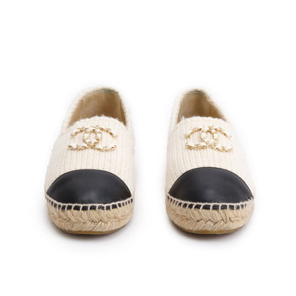Chanel Neutral Wool Black Leather CC Logo Espadrilles, Size 40