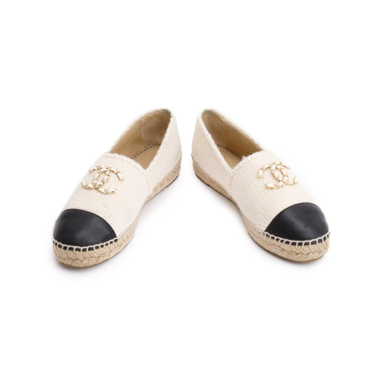 Chanel Neutral Wool Black Leather CC Logo Espadrilles, Size 40