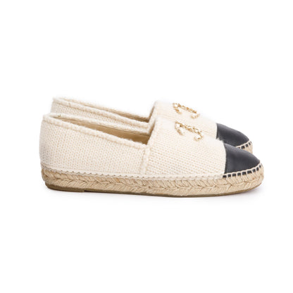 Chanel Neutral Wool Black Leather CC Logo Espadrilles, Size 40